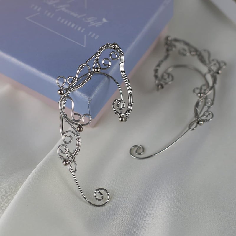 Yolmina Elven Ear Cuffs for Women, Handmade Elf Fairy Earrings Cuff Wrap Clip-on Filigree Earrings for Fantasy Fairy Halloween Costume, Cosplay, Wedding, Handcraft (Silver) - Image 4